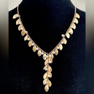 Y2K Costume Gold Leaf Pearl Drop Necklace Long Adjustable Chain McBling 2000s